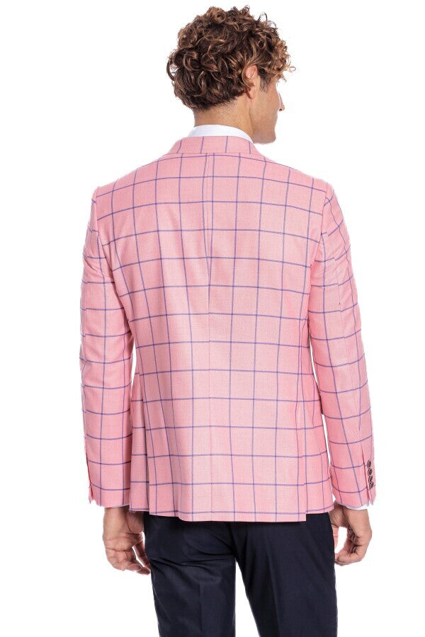 Blazer ajustado de color rosa con estampado de cuadros azules para hombre - Wessi