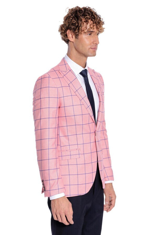 Blazer ajustado de color rosa con estampado de cuadros azules para hombre - Wessi