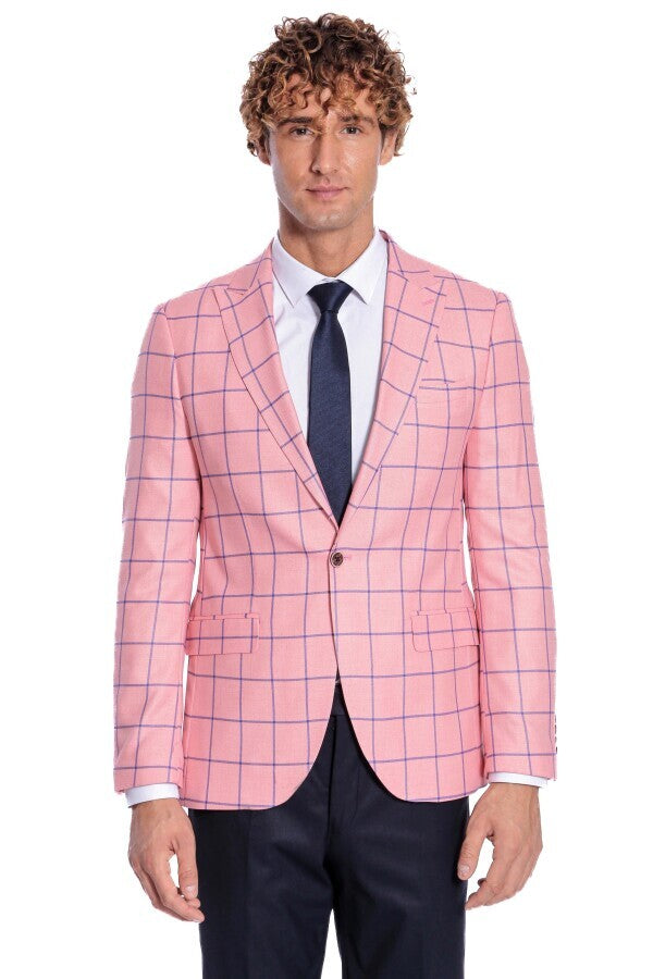 Blazer ajustado de color rosa con estampado de cuadros azules para hombre - Wessi