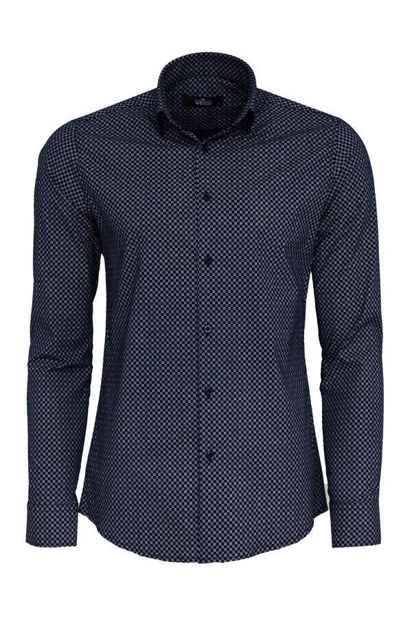 Camisa de hombre azul de corte entallado con estampado de cuadros pequeños - Wessi