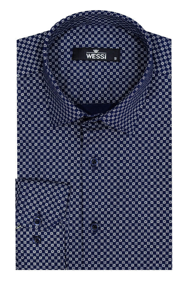 Camisa de hombre azul de corte entallado con estampado de cuadros pequeños - Wessi