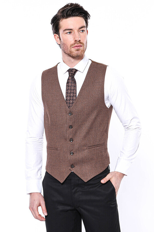 V Neck Tan Men Vest - Wessi