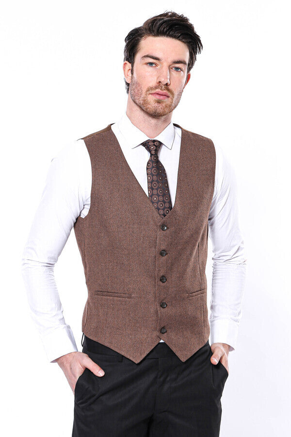 V Neck Tan Men Vest - Wessi