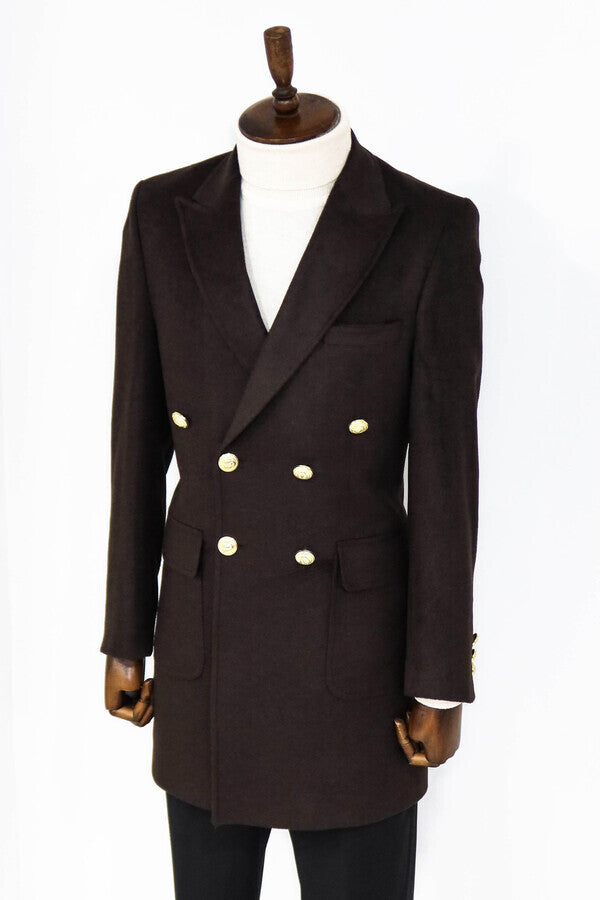 Brown Metal Buttoned Double Breasted Long Coat - Wessi