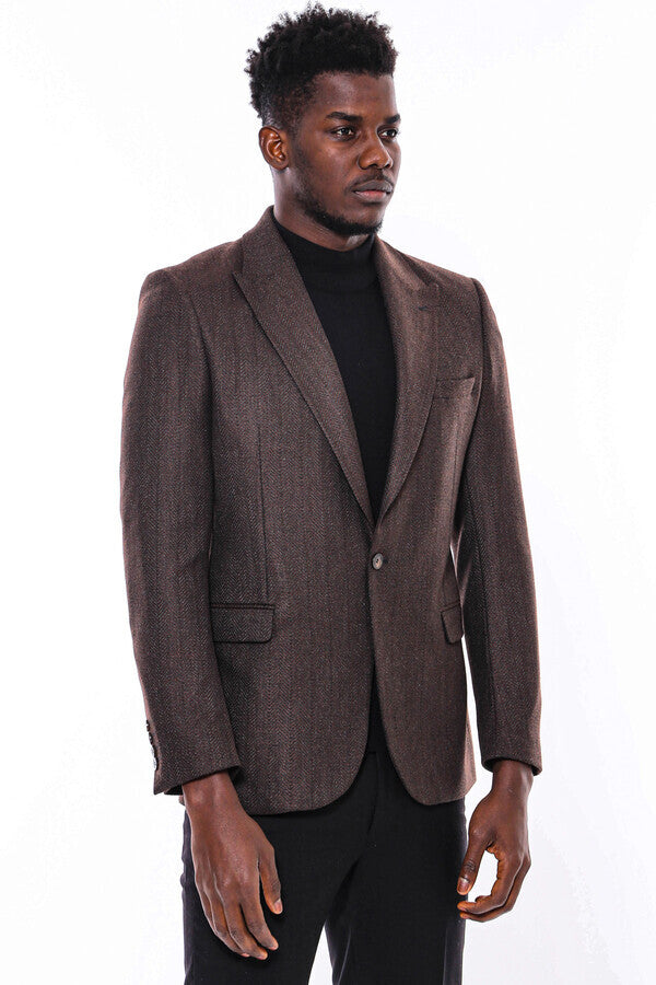 Slim Fit Patterned Brown Men Blazer - Wessi