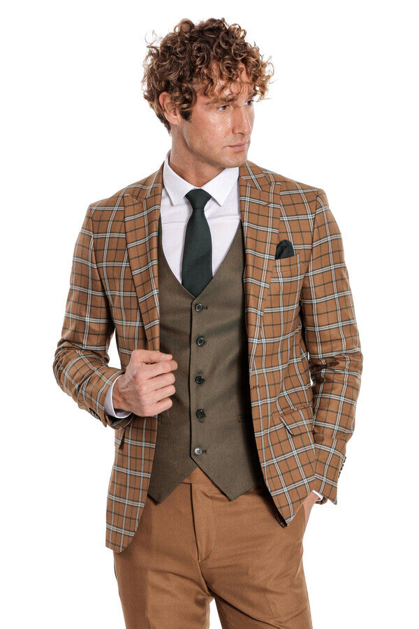 Brown Vested Slim Fit Checked Tan Men Suit - Wessi