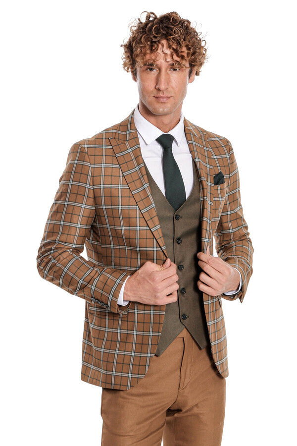 Brown Vested Slim Fit Checked Tan Men Suit - Wessi