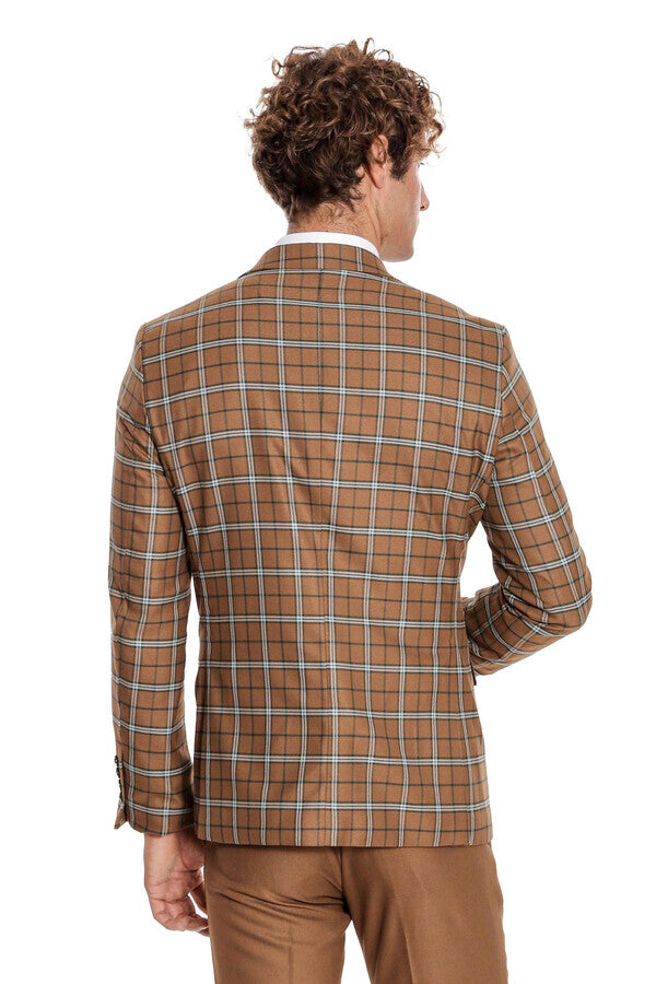 Brown Vested Slim Fit Checked Tan Men Suit - Wessi