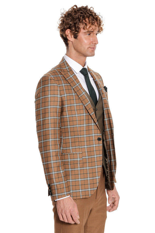 Brown Vested Slim Fit Checked Tan Men Suit - Wessi