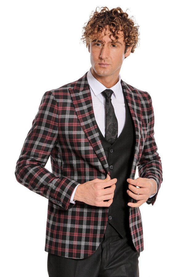 Burgundy Checked Blazer Slim Fit Black Men Suit - Wessi