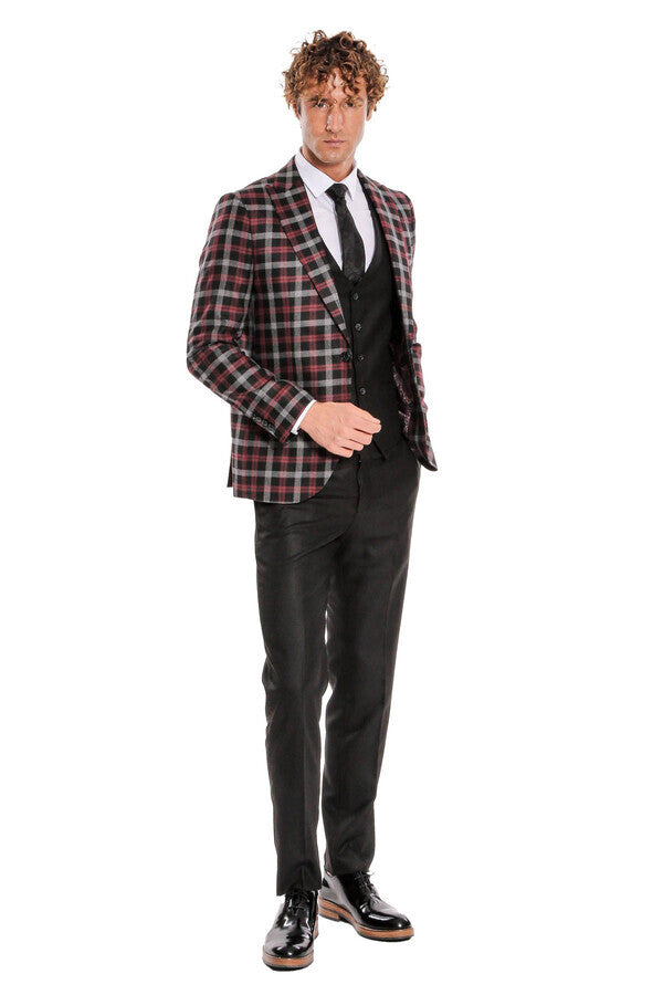 Burgundy Checked Blazer Slim Fit Black Men Suit - Wessi