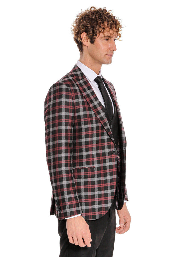 Burgundy Checked Blazer Slim Fit Black Men Suit - Wessi