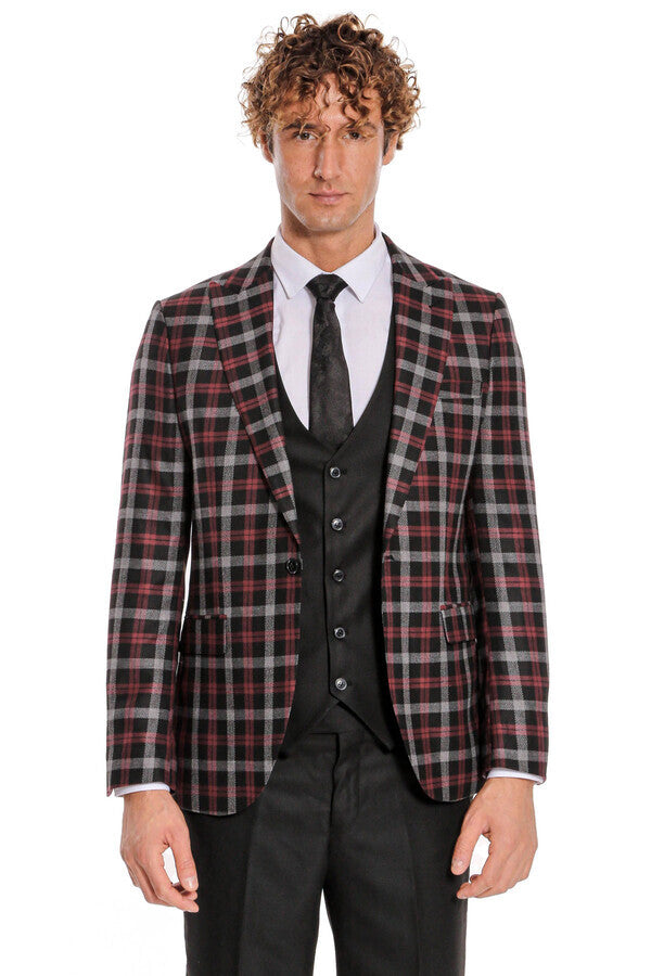 Burgundy Checked Blazer Slim Fit Black Men Suit - Wessi