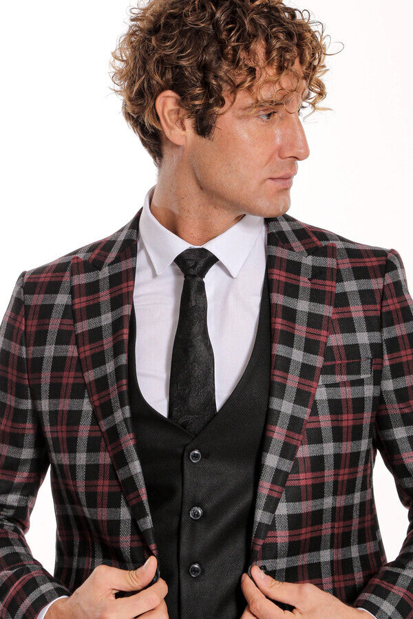 Burgundy Checked Blazer Slim Fit Black Men Suit - Wessi