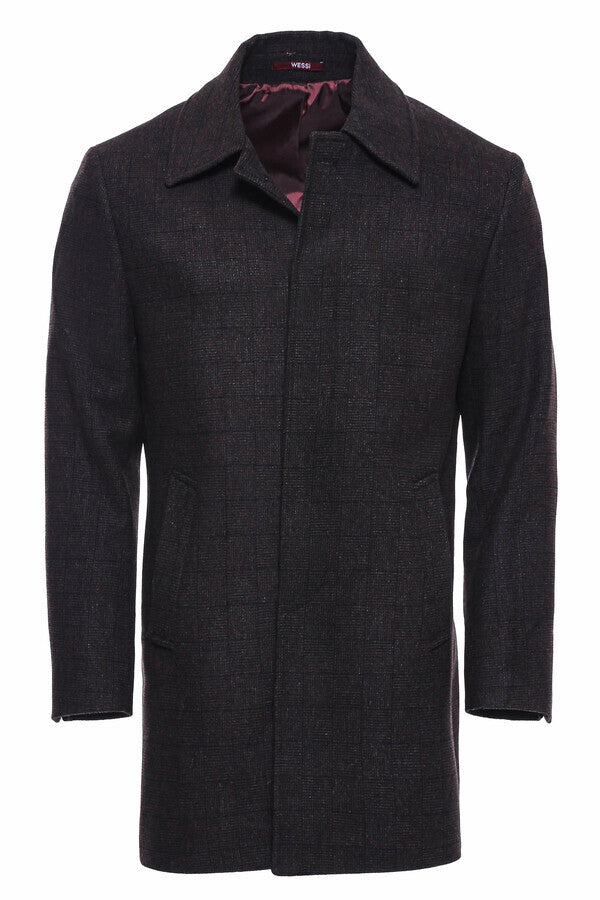 Burgundy Checked Hidden Button Peak Lapel Coat - Wessi