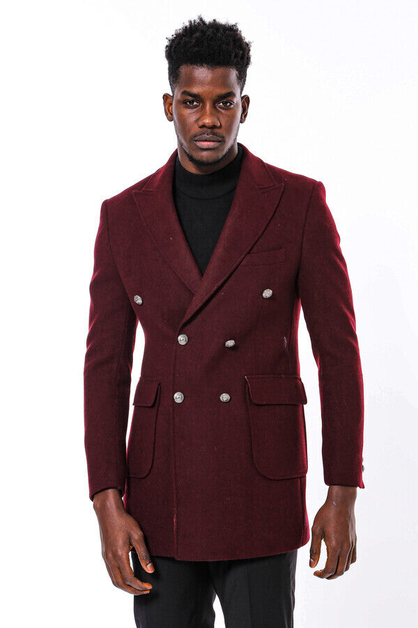 Metal Buttoned Double Breasted Burgundy Men Long Coat - Wessi