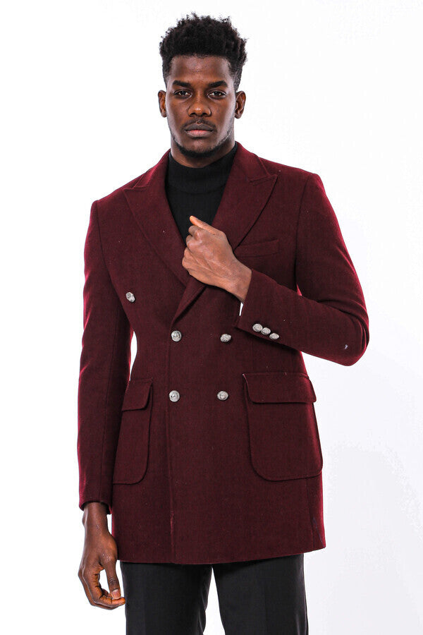 Metal Buttoned Double Breasted Burgundy Men Long Coat - Wessi