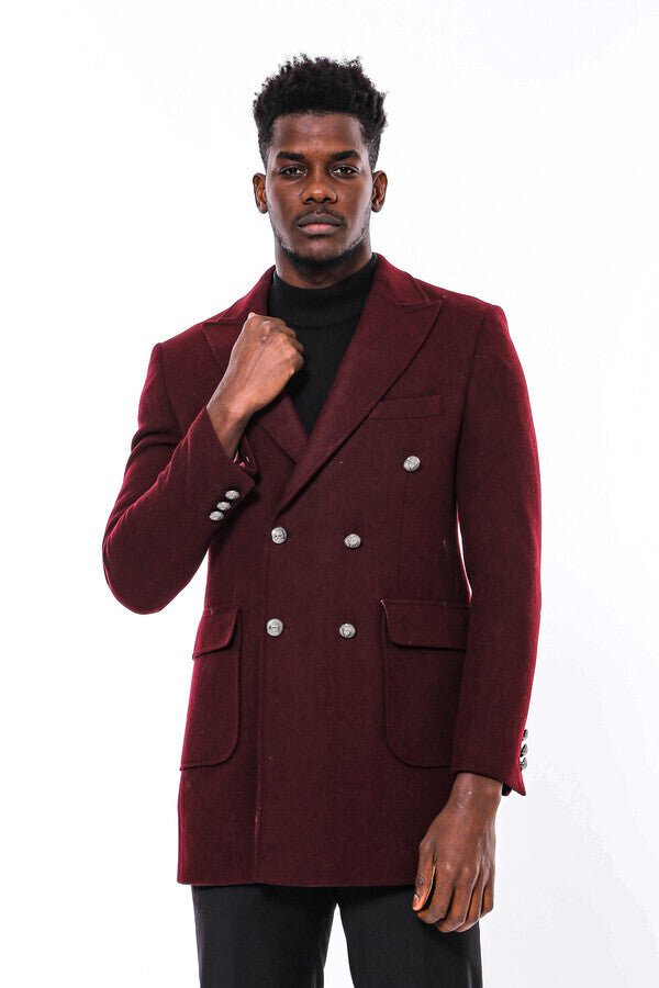 Metal Buttoned Double Breasted Burgundy Men Long Coat - Wessi