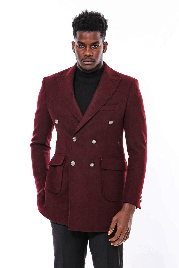 Metal Buttoned Double Breasted Burgundy Men Long Coat - Wessi