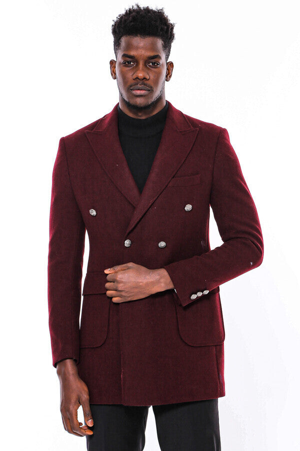 Metal Buttoned Double Breasted Burgundy Men Long Coat - Wessi