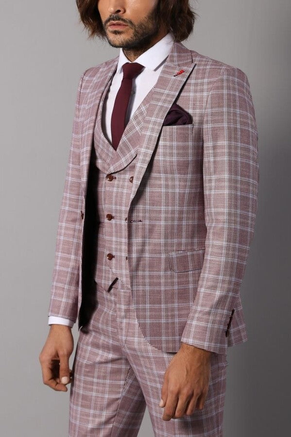 Burgundy Plaid Vested Slim Fit Italian Suit - Wessi