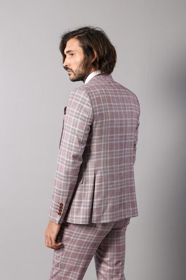 Burgundy Plaid Vested Slim Fit Italian Suit - Wessi