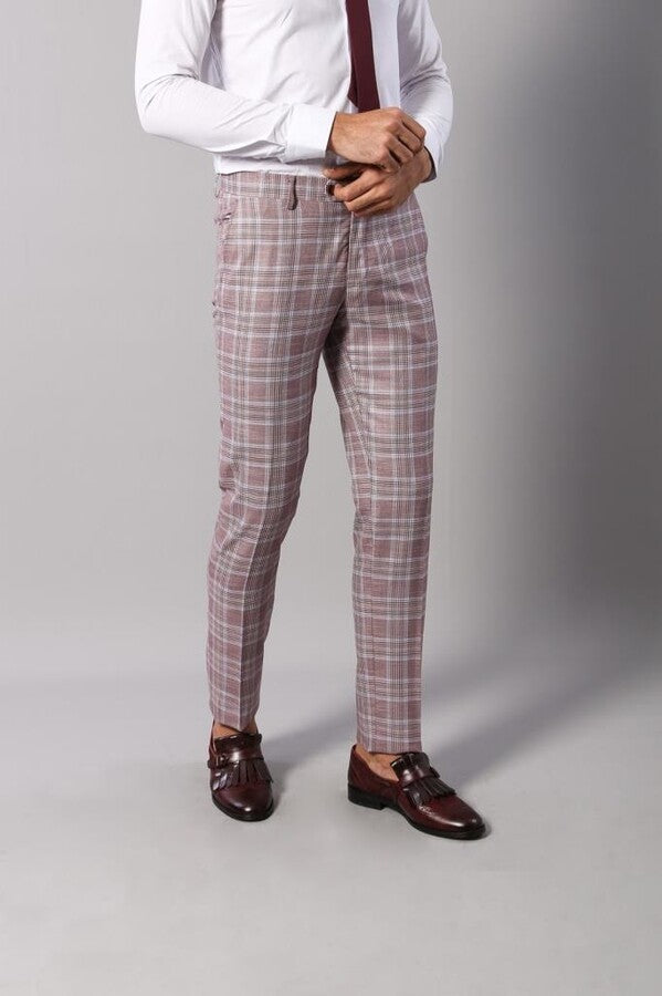 Burgundy Plaid Vested Slim Fit Italian Suit - Wessi