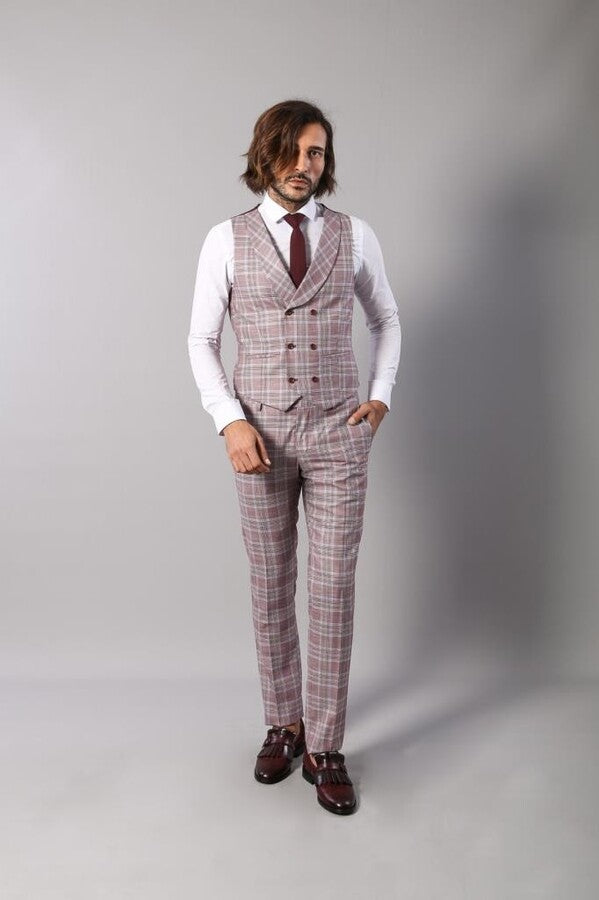 Burgundy Plaid Vested Slim Fit Italian Suit - Wessi