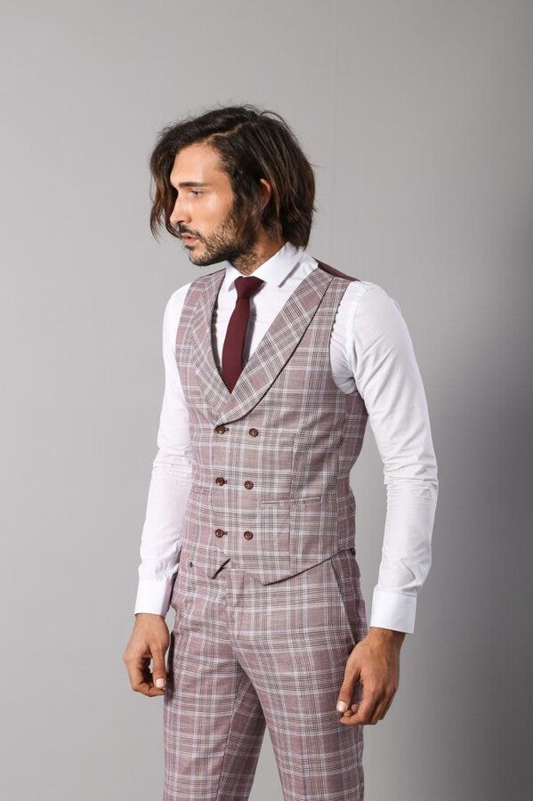 Burgundy Plaid Vested Slim Fit Italian Suit - Wessi