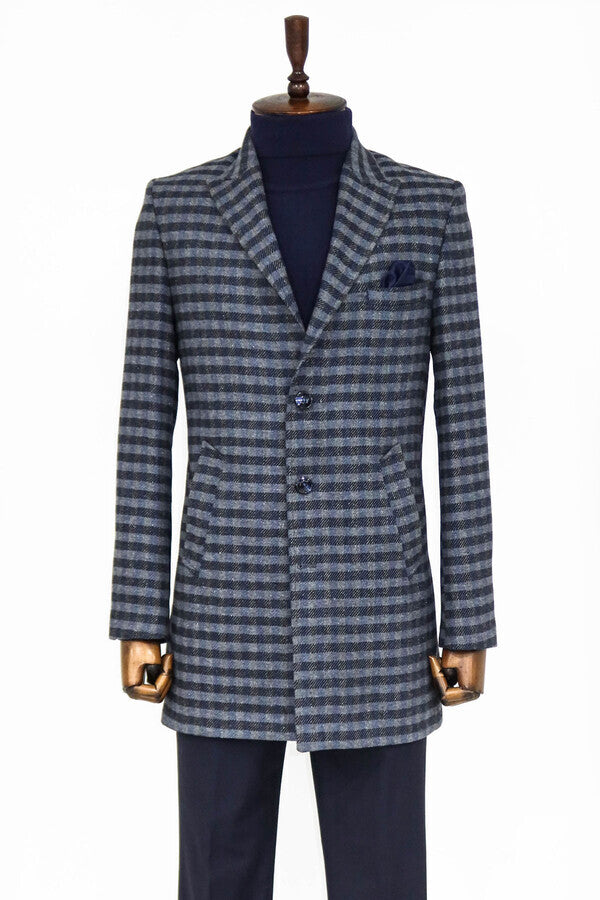 Cachet Plaid Wide Lapel Slim Fit Navy Blue Men Coat - Wessi