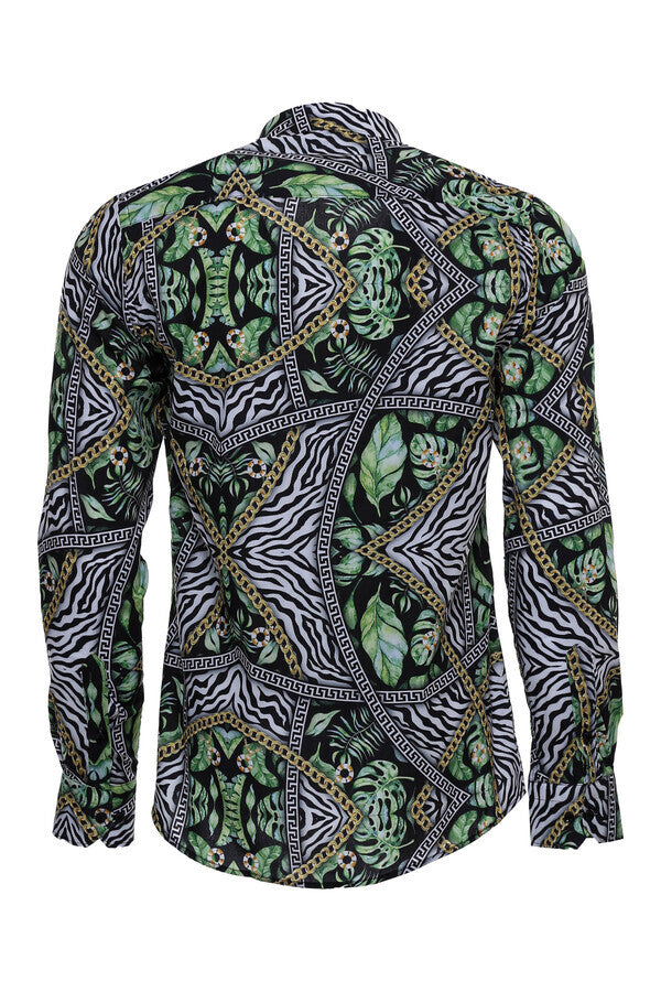 Chain Zebra Leaf Patterned Slim Fit Long Sleeves Multicolor Men Shirt - Wessi