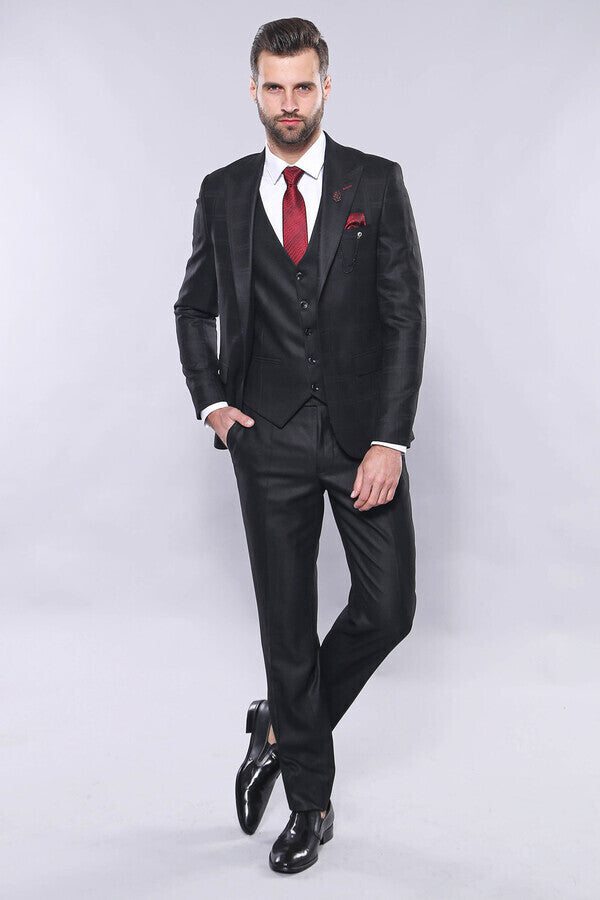 Checked Vested Black Suit | Wessi