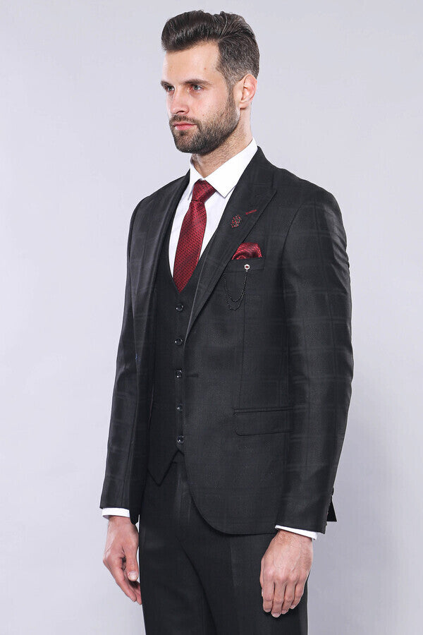 Checked Vested Black Suit | Wessi