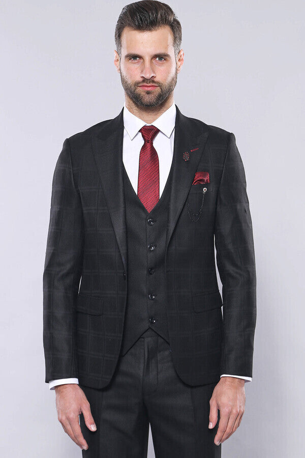 Checked Vested Black Suit | Wessi