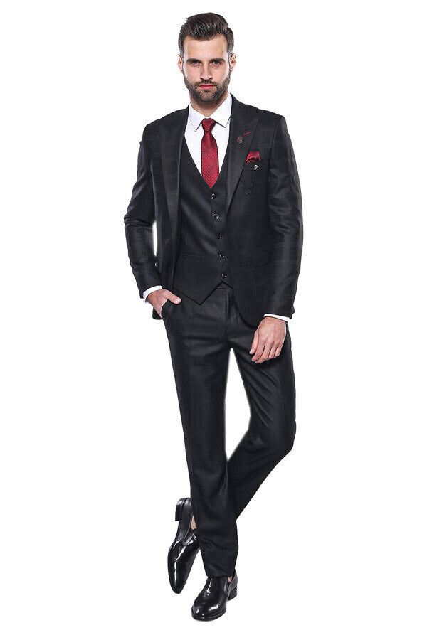 Checked Vested Black Suit | Wessi