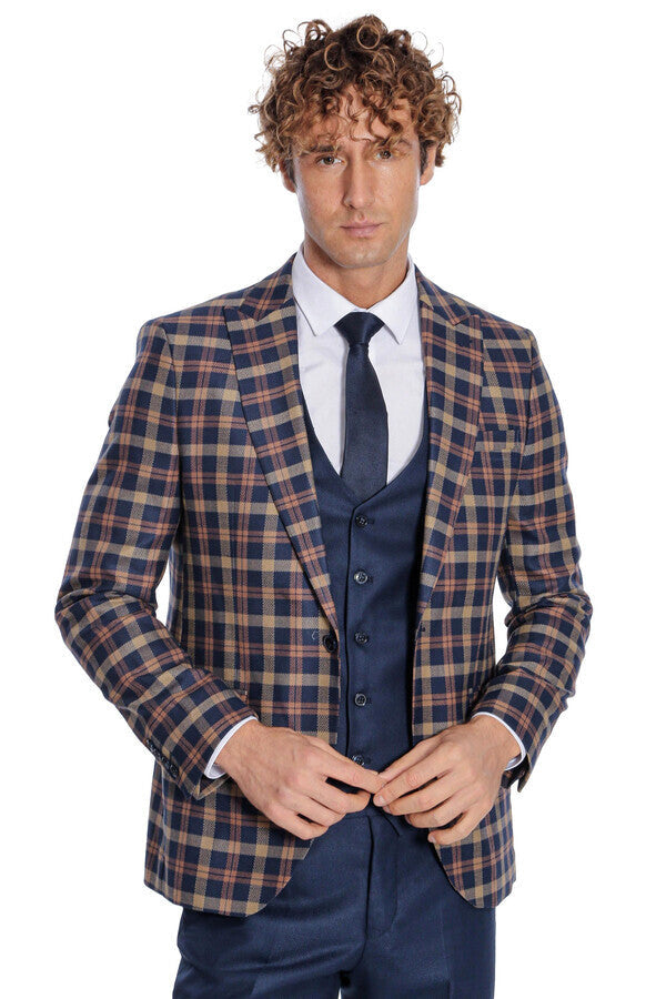 Checked Blazer Slim Fit Navy Blue Men Suit - Wessi