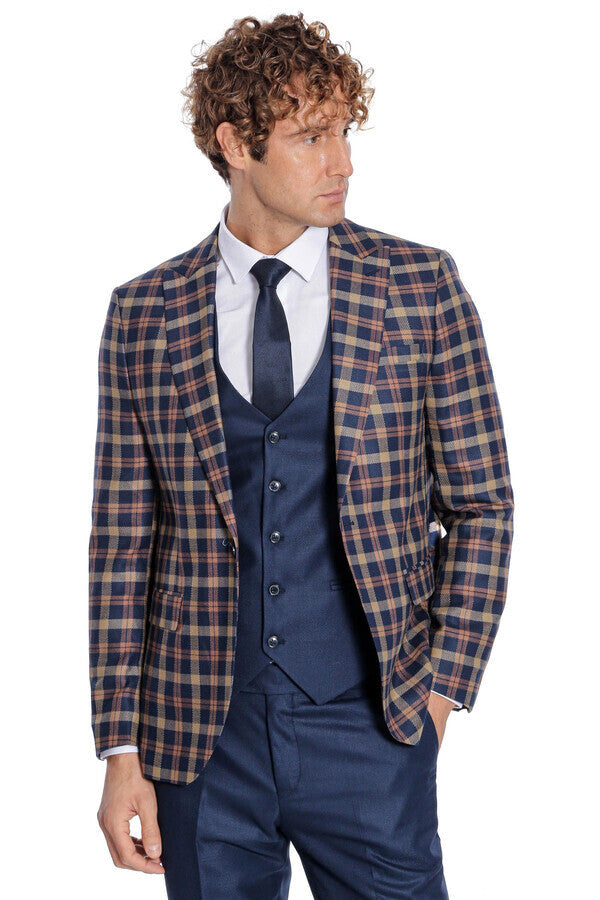 Checked Blazer Slim Fit Navy Blue Men Suit - Wessi