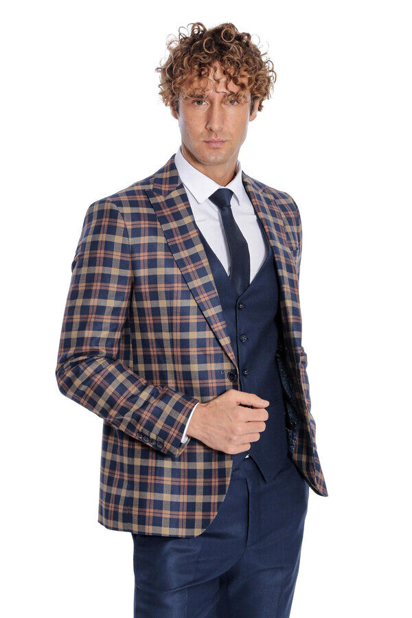 Checked Blazer Slim Fit Navy Blue Men Suit - Wessi