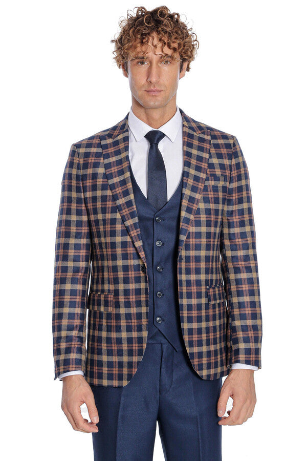 Checked Blazer Slim Fit Navy Blue Men Suit - Wessi