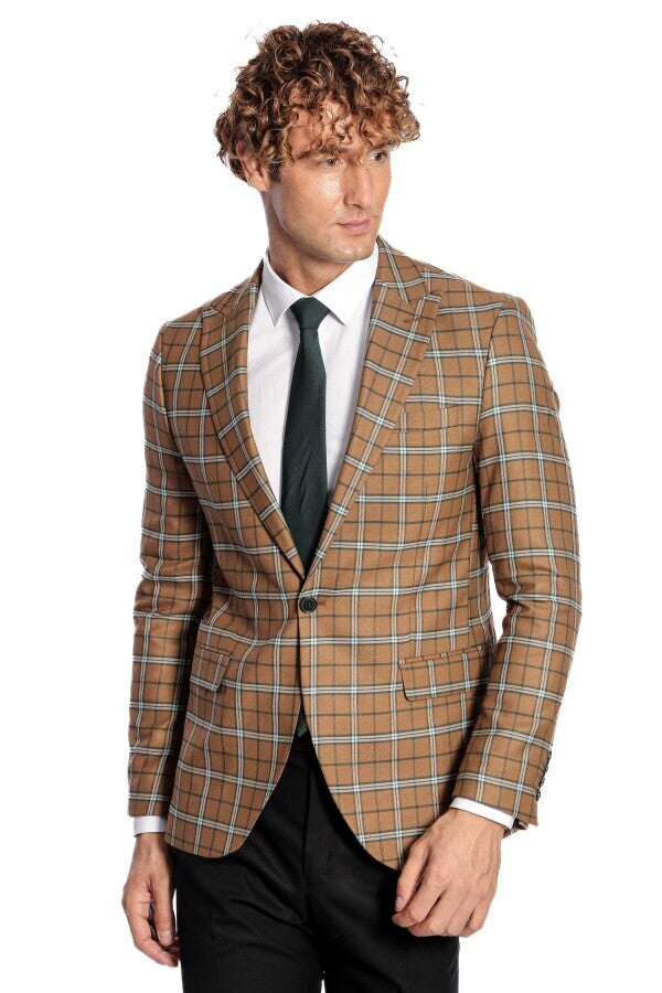 Checked Brown Men Blazer - Wessi