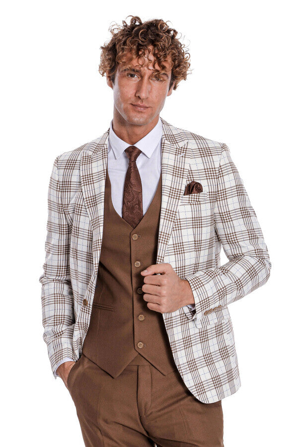 Checked Slim Fit Brown Men Suit - Wessi