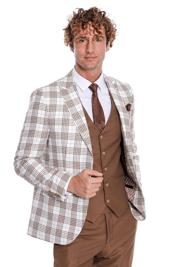 Checked Slim Fit Brown Men Suit - Wessi