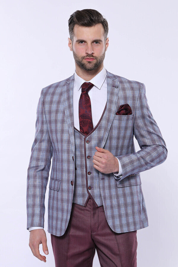 Checked Burgundy Men Suit - Wessi