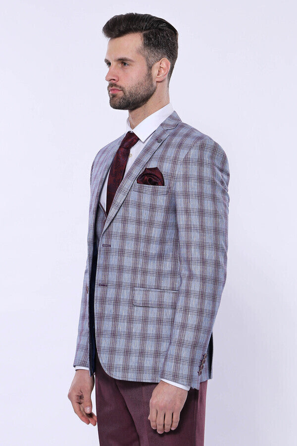 Checked Burgundy Men Suit - Wessi