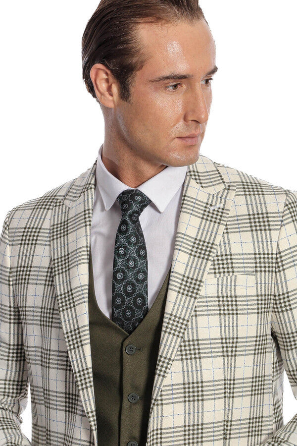 Checked Slim Fit Green Men Suit - Wessi