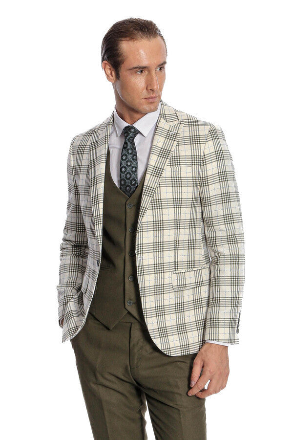 Checked Slim Fit Green Men Suit - Wessi