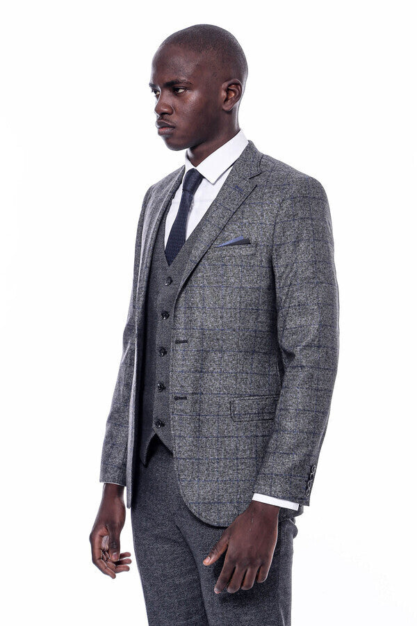 Checked Grey Men 3 Piece Suit - Wessi