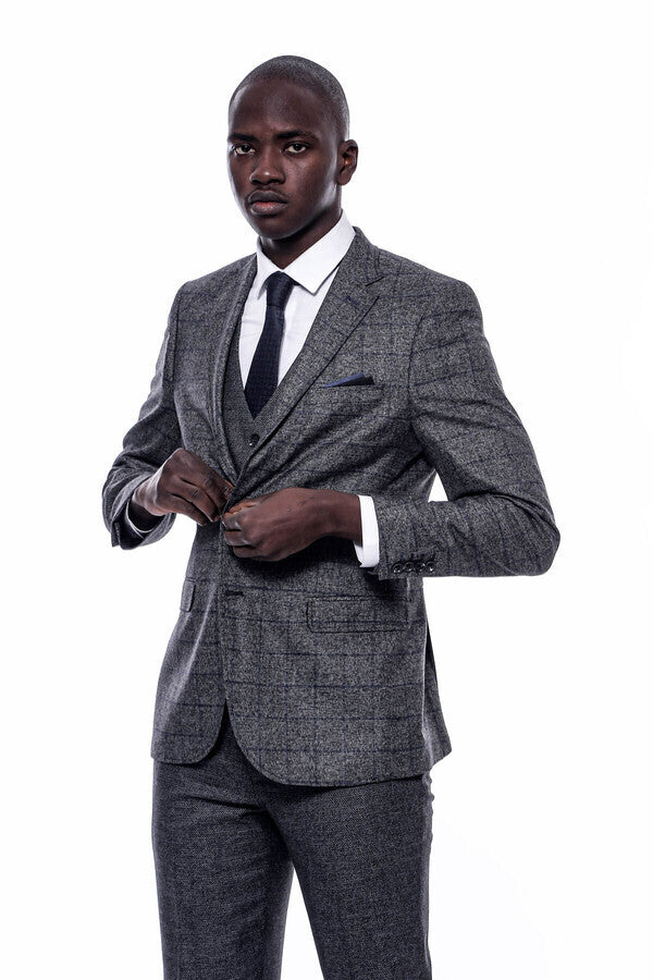 Checked Grey Men 3 Piece Suit - Wessi