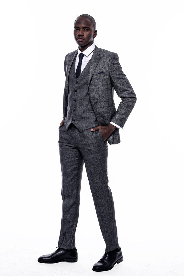 Checked Grey Men 3 Piece Suit - Wessi