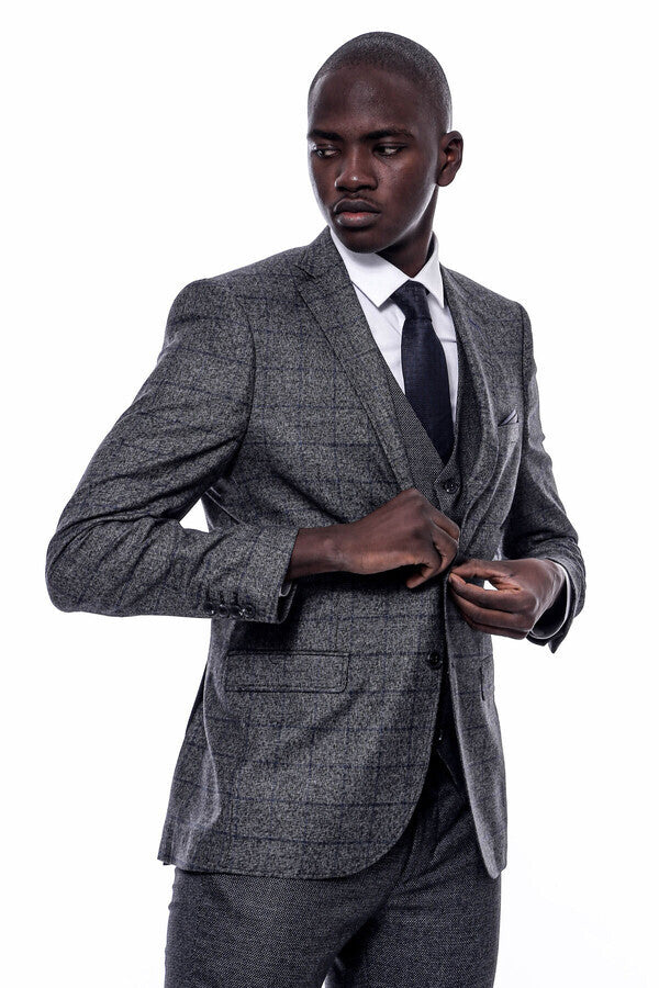 Checked Grey Men 3 Piece Suit - Wessi